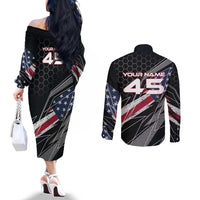 Custom American Flag Racing Couples Matching Off The Shoulder Long Sleeve Dress and Long Sleeve Button Shirt Dirt Bike Motocross Racewear Hexagon and Lightning - Wonder Print Shop
