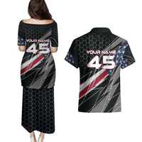Custom American Flag Racing Couples Matching Puletasi and Hawaiian Shirt Dirt Bike Motocross Racewear Hexagon and Lightning - Wonder Print Shop