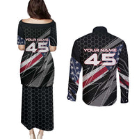 Custom American Flag Racing Couples Matching Puletasi and Long Sleeve Button Shirt Dirt Bike Motocross Racewear Hexagon and Lightning - Wonder Print Shop