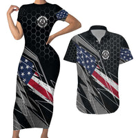 Custom American Flag Racing Couples Matching Short Sleeve Bodycon Dress and Hawaiian Shirt Dirt Bike Motocross Racewear Hexagon and Lightning - Wonder Print Shop