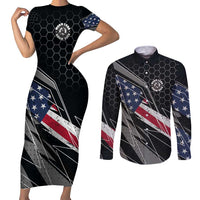 Custom American Flag Racing Couples Matching Short Sleeve Bodycon Dress and Long Sleeve Button Shirt Dirt Bike Motocross Racewear Hexagon and Lightning - Wonder Print Shop