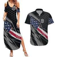 Custom American Flag Racing Couples Matching Summer Maxi Dress and Hawaiian Shirt Dirt Bike Motocross Racewear Hexagon and Lightning - Wonder Print Shop