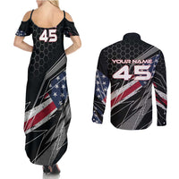 Custom American Flag Racing Couples Matching Summer Maxi Dress and Long Sleeve Button Shirt Dirt Bike Motocross Racewear Hexagon and Lightning - Wonder Print Shop
