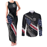 Custom American Flag Racing Couples Matching Tank Maxi Dress and Long Sleeve Button Shirt Dirt Bike Motocross Racewear Hexagon and Lightning - Wonder Print Shop