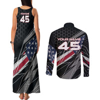Custom American Flag Racing Couples Matching Tank Maxi Dress and Long Sleeve Button Shirt Dirt Bike Motocross Racewear Hexagon and Lightning - Wonder Print Shop