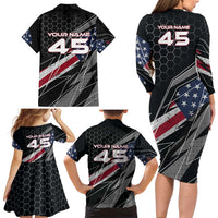 Custom American Flag Racing Family Matching Long Sleeve Bodycon Dress and Hawaiian Shirt Dirt Bike Motocross Racewear Hexagon and Lightning - Wonder Print Shop