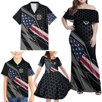 Custom American Flag Racing Family Matching Off Shoulder Maxi Dress and Hawaiian Shirt Dirt Bike Motocross Racewear Hexagon and Lightning - Wonder Print Shop