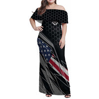 Custom American Flag Racing Family Matching Off Shoulder Maxi Dress and Hawaiian Shirt Dirt Bike Motocross Racewear Hexagon and Lightning - Wonder Print Shop