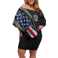 Custom American Flag Racing Family Matching Off Shoulder Short Dress and Hawaiian Shirt Dirt Bike Motocross Racewear Hexagon and Lightning - Wonder Print Shop