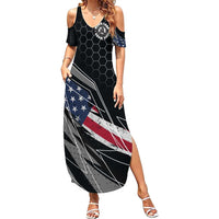 Custom American Flag Racing Family Matching Summer Maxi Dress and Hawaiian Shirt Dirt Bike Motocross Racewear Hexagon and Lightning - Wonder Print Shop