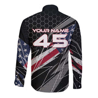 Custom American Flag Racing Long Sleeve Button Shirt Dirt Bike Motocross Racewear Hexagon and Lightning - Wonder Print Shop