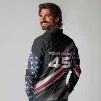 Custom American Flag Racing Long Sleeve Polo Shirt Dirt Bike Motocross Racewear Hexagon and Lightning - Wonder Print Shop