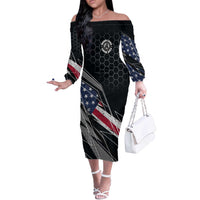 Custom American Flag Racing Off The Shoulder Long Sleeve Dress Dirt Bike Motocross Racewear Hexagon and Lightning - Wonder Print Shop