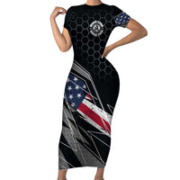 Custom American Flag Racing Short Sleeve Bodycon Dress Dirt Bike Motocross Racewear Hexagon and Lightning - Wonder Print Shop