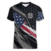 Custom American Flag Racing Women V-Neck T-Shirt Dirt Bike Motocross Racewear Hexagon and Lightning - Wonder Print Shop