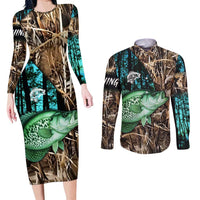 Crappie Fishing Customize Name Couples Matching Long Sleeve Bodycon Dress and Long Sleeve Button Shirt Forest and Camo Background in Outdoor Fishing - Wonder Print Shop