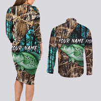 Crappie Fishing Customize Name Couples Matching Long Sleeve Bodycon Dress and Long Sleeve Button Shirt Forest and Camo Background in Outdoor Fishing - Wonder Print Shop