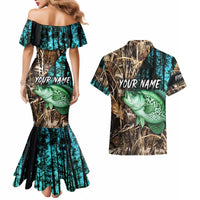 Crappie Fishing Customize Name Couples Matching Mermaid Dress and Hawaiian Shirt Forest and Camo Background in Outdoor Fishing - Wonder Print Shop