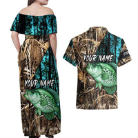 Crappie Fishing Customize Name Couples Matching Off Shoulder Maxi Dress and Hawaiian Shirt Forest and Camo Background in Outdoor Fishing - Wonder Print Shop