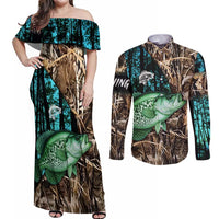 Crappie Fishing Customize Name Couples Matching Off Shoulder Maxi Dress and Long Sleeve Button Shirt Forest and Camo Background in Outdoor Fishing - Wonder Print Shop