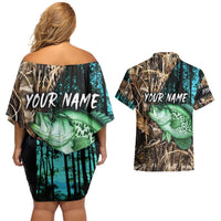 Crappie Fishing Customize Name Couples Matching Off Shoulder Short Dress and Hawaiian Shirt Forest and Camo Background in Outdoor Fishing - Wonder Print Shop