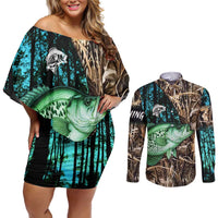 Crappie Fishing Customize Name Couples Matching Off Shoulder Short Dress and Long Sleeve Button Shirt Forest and Camo Background in Outdoor Fishing - Wonder Print Shop