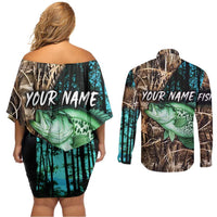 Crappie Fishing Customize Name Couples Matching Off Shoulder Short Dress and Long Sleeve Button Shirt Forest and Camo Background in Outdoor Fishing - Wonder Print Shop