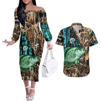 Crappie Fishing Customize Name Couples Matching Off The Shoulder Long Sleeve Dress and Hawaiian Shirt Forest and Camo Background in Outdoor Fishing - Wonder Print Shop