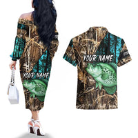 Crappie Fishing Customize Name Couples Matching Off The Shoulder Long Sleeve Dress and Hawaiian Shirt Forest and Camo Background in Outdoor Fishing - Wonder Print Shop