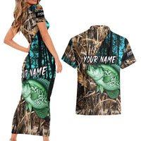 Crappie Fishing Customize Name Couples Matching Short Sleeve Bodycon Dress and Hawaiian Shirt Forest and Camo Background in Outdoor Fishing - Wonder Print Shop