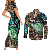 Crappie Fishing Customize Name Couples Matching Short Sleeve Bodycon Dress and Long Sleeve Button Shirt Forest and Camo Background in Outdoor Fishing - Wonder Print Shop