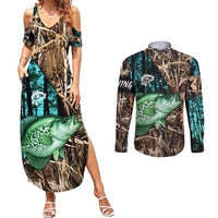 Crappie Fishing Customize Name Couples Matching Summer Maxi Dress and Long Sleeve Button Shirt Forest and Camo Background in Outdoor Fishing - Wonder Print Shop
