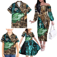Crappie Fishing Customize Name Family Matching Off The Shoulder Long Sleeve Dress and Hawaiian Shirt Forest and Camo Background in Outdoor Fishing - Wonder Print Shop