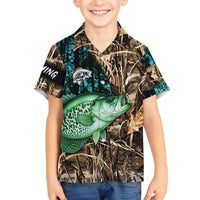 Crappie Fishing Customize Name Family Matching Off The Shoulder Long Sleeve Dress and Hawaiian Shirt Forest and Camo Background in Outdoor Fishing - Wonder Print Shop