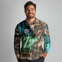 Crappie Fishing Customize Name Long Sleeve Polo Shirt Forest and Camo Background in Outdoor Fishing - Wonder Print Shop