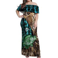 Crappie Fishing Customize Name Off Shoulder Maxi Dress Forest and Camo Background in Outdoor Fishing - Wonder Print Shop