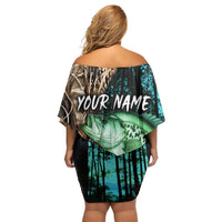 Crappie Fishing Customize Name Off Shoulder Short Dress Forest and Camo Background in Outdoor Fishing - Wonder Print Shop