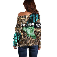 Crappie Fishing Customize Name Off Shoulder Sweater Forest and Camo Background in Outdoor Fishing - Wonder Print Shop