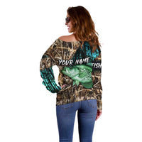 Crappie Fishing Customize Name Off Shoulder Sweater Forest and Camo Background in Outdoor Fishing - Wonder Print Shop