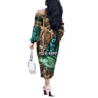 Crappie Fishing Customize Name Off The Shoulder Long Sleeve Dress Forest and Camo Background in Outdoor Fishing - Wonder Print Shop