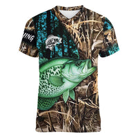Crappie Fishing Customize Name Women V-Neck T-Shirt Forest and Camo Background in Outdoor Fishing - Wonder Print Shop