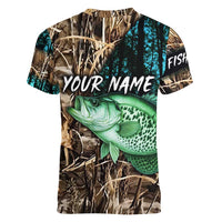 Crappie Fishing Customize Name Women V-Neck T-Shirt Forest and Camo Background in Outdoor Fishing - Wonder Print Shop