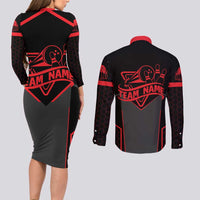 Bowling Team Couples Matching Long Sleeve Bodycon Dress and Long Sleeve Button Shirt Red and Black Strike Graphic and Custom Name Section - Wonder Print Shop