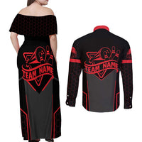 Bowling Team Couples Matching Off Shoulder Maxi Dress and Long Sleeve Button Shirt Red and Black Strike Graphic and Custom Name Section - Wonder Print Shop