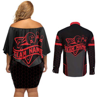Bowling Team Couples Matching Off Shoulder Short Dress and Long Sleeve Button Shirt Red and Black Strike Graphic and Custom Name Section - Wonder Print Shop