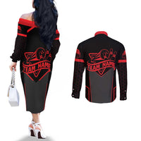 Bowling Team Couples Matching Off The Shoulder Long Sleeve Dress and Long Sleeve Button Shirt Red and Black Strike Graphic and Custom Name Section - Wonder Print Shop
