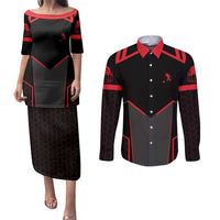 Bowling Team Couples Matching Puletasi and Long Sleeve Button Shirt Red and Black Strike Graphic and Custom Name Section - Wonder Print Shop