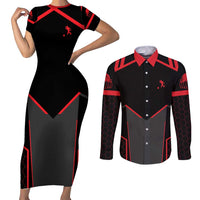 Bowling Team Couples Matching Short Sleeve Bodycon Dress and Long Sleeve Button Shirt Red and Black Strike Graphic and Custom Name Section - Wonder Print Shop