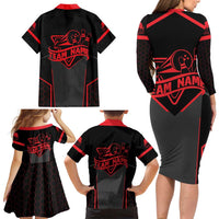 Bowling Team Family Matching Long Sleeve Bodycon Dress and Hawaiian Shirt Red and Black Strike Graphic and Custom Name Section - Wonder Print Shop