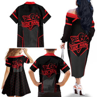 Bowling Team Family Matching Off The Shoulder Long Sleeve Dress and Hawaiian Shirt Red and Black Strike Graphic and Custom Name Section - Wonder Print Shop